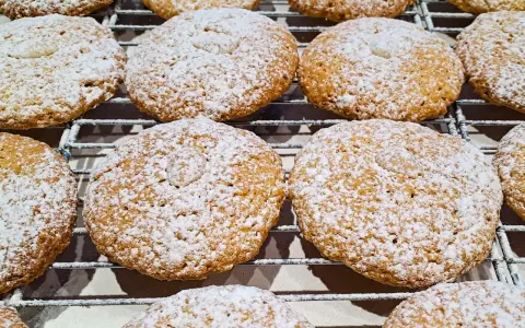Deliziosi biscotti con farina di mandorle, cosparsi di zucchero a velo, riposano su una griglia.