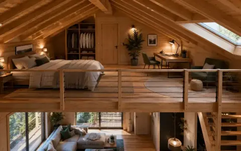 Aménagement mezzanine chaleureux avec lit douillet, bureau et coin détente. L'espace maximise le bois et la lumière naturelle.