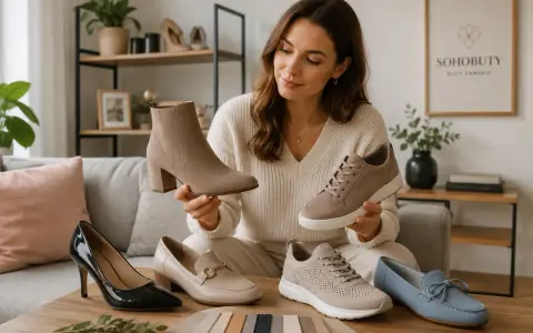 Kobieta prezentuje różne modele butów, w tym botki i sneakersy. Wiele z nich wykonano z wysokiej jakości materiału syntetycznego, który zapewnia komfort i trwałość.