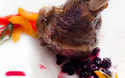 Delicioso jarrete de cordero asado, acompañado de pimientos de colores, arándanos y una salsa roja.