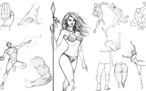 Dessin d'imagination : études de mains, d'une guerrière, de corps en mouvement et d'anatomie.
