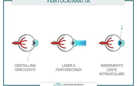Chirurgia della cataratta con laser: illustra cristallino opacizzato, laser a femtosecondi e inserimento lente intraoculare. Valutare sempre le controindicazioni.