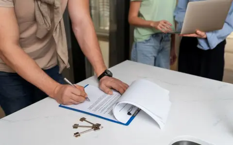 Hombre firma contrato, llaves en mesa. Se discute cuanto cuesta registrar una propiedad con personas al fondo.
