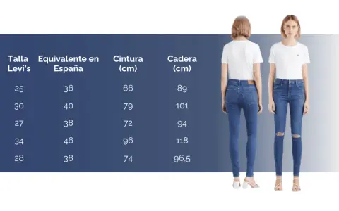 Guía de tallas de pantalón mujer: talla 26 en España equivale a 38, con medidas de cintura y cadera.