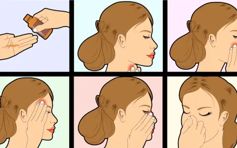Illustrations show face massage steps: applying oil, massaging neck, cheek, forehead, eyes, and nose.