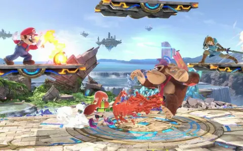 Mario, Link, Donkey Kong i Inkling walczą na latającej platformie. Wiele postaci z gier wartych zagrania w akcji!