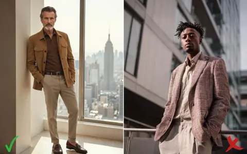 Hombre con un impecable atuendo smart casual, chaqueta color camel, polo marrón y pantalones beige.