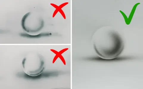 Poprawna kula cieniowania z subtelnym gradientem i cieniem. Dwie poprzednie próby z czerwonymi krzyżykami pokazują nieudane efekty.