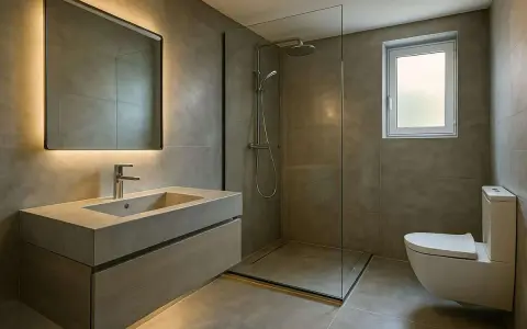Salle de bain moderne avec lavabo en béton ciré, douche à l'italienne et WC suspendu. L'éclairage indirect du miroir crée une ambiance douce.