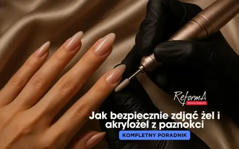 Dłoń z paznokciami żelowymi, frezarka w czarnej rękawiczce. Poradnik: jak zdjąć paznokcie żelowe bezpiecznie.