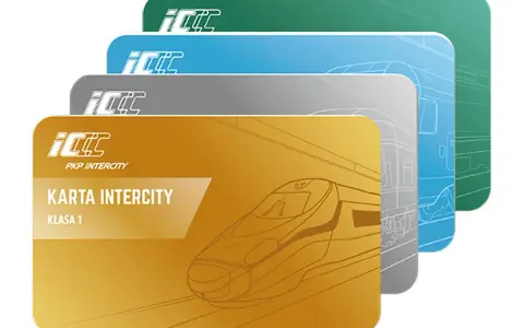 Karta Intercity Klasa 1 w kolorze złotym, z widokiem pociągu. Dostępne też inne kolory. Sprawdź kartę Intercity cena!