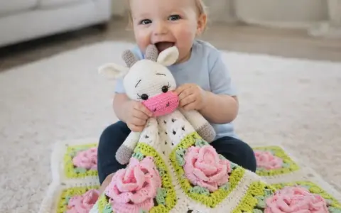 Bebé sonriente abraza una adorable manta de apego a crochet con forma de vaca y flores rosas.