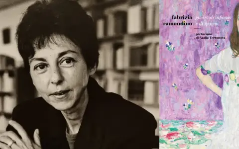 Ritratto di Fabrizia Ramondino accanto alla copertina del suo libro "Guerra di infanzia e di Spagna".