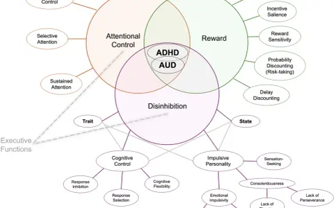 Wykres pokazuje związek między ADHD, alkoholem (AUD), kontrolą uwagi, nagrodą i zahamowaniem.