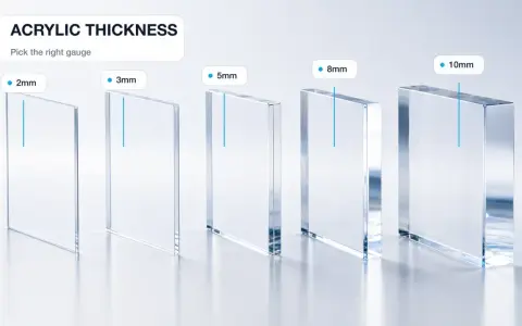 Clear acrylic sheets of varying plexiglass thickness for windows: 2mm, 3mm, 5mm, 8mm, and 10mm.