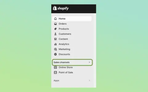 Menu Shopify z opcją "Sales channels" (kanały sprzedaży), kluczowe dla rozwoju platformy sprzedażowej.