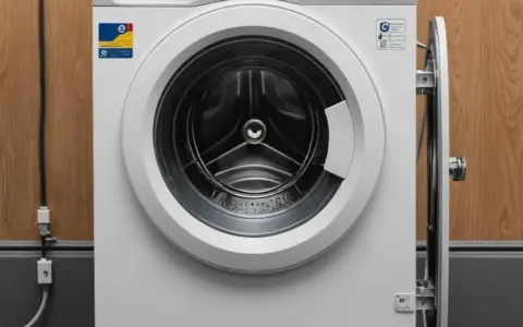 Biała pralka e10 electrolux z otwartymi drzwiczkami, widoczny bęben. Obok drewniana ściana i kable.