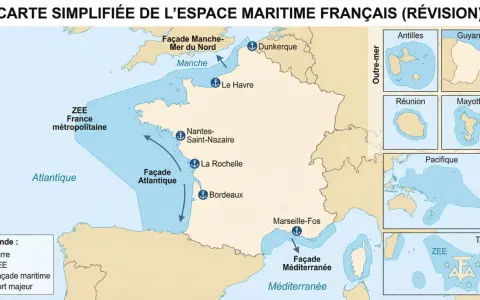 Carte simplifiée de l'espace maritime français, montrant les façades maritimes et les ZEE. Une carte fond marin essentielle pour comprendre l'étendue des eaux françaises.