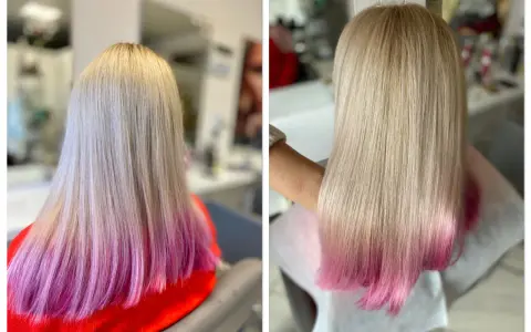Długie, blond włosy z różowym ombre, po zabiegu krioterapii włosów wyglądają na zdrowsze i bardziej lśniące.