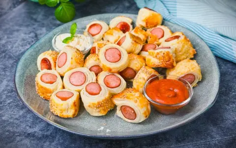 Leckeres Fingerfood für den Sommer: Würstchen im Blätterteig mit Sesam, serviert mit Dip und Ketchup.