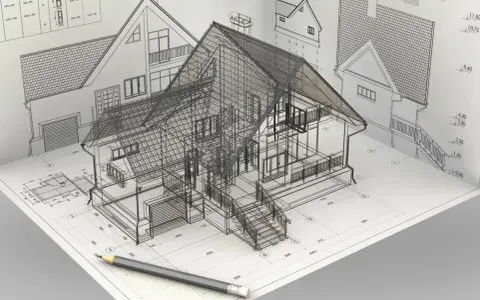 Szkic domu w formie siatki 3D na tle rysunków technicznych i wymiarów. To dokumentacja wykonawcza, która pokazuje szczegóły projektu.