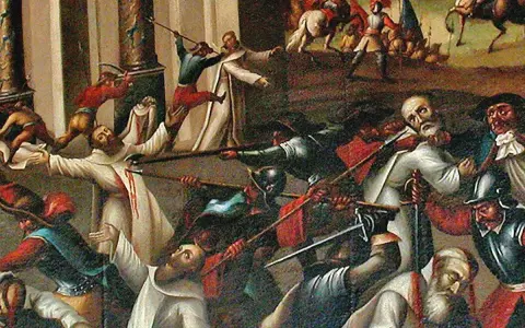 Obraz przedstawia scenę walki, gdzie zakonnicy w białych szatach bronią się przed napastnikami. W tle widać rycerzy na koniach, przypominających rycerzy z zakonu **Zawiszy Czarnego**.