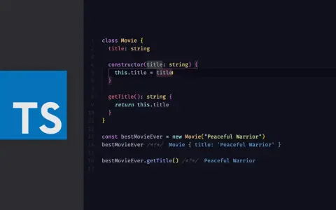 Kod w TypeScript demonstruje klasę `Movie` z metodą `getTitle`. Logo TS obok kodu.