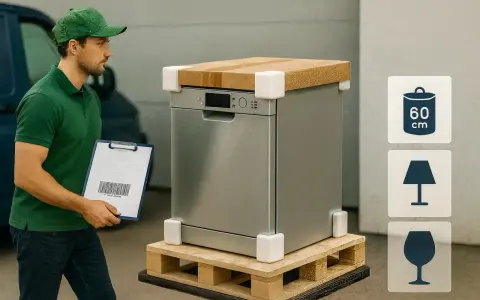 Kurier sprawdza dokumenty przy uszkodzonej paczce InPost. Zmywarka na palecie, zabezpieczona narożnikami.