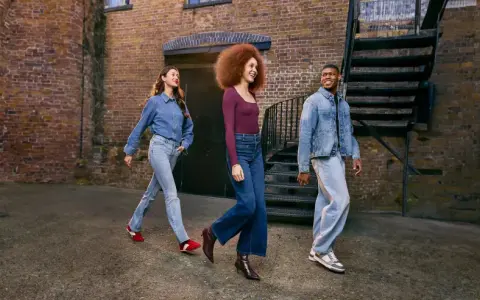 Three friends walk down an alleyway, showcasing how denim is breathable and stylish in various cuts and washes.