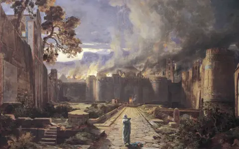 Scena biblijna: Sodoma i Gomora w ogniu. Postać w bieli odwraca się od płonącego miasta, symbolizując biblijną historię.