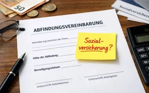 Abfindungsvereinbarung mit Fragezeichen zur Sozialversicherung. Geld, Brille, Stift und Taschenrechner liegen bereit.