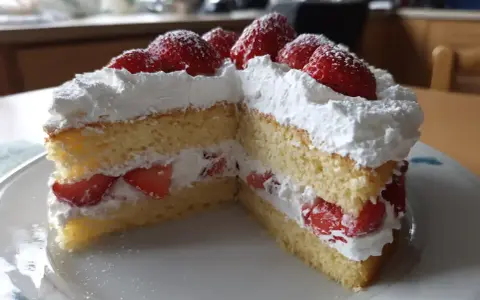 Enkel tårta med fluffig grädde och färska jordgubbar, perfekt för ett sommarfika.