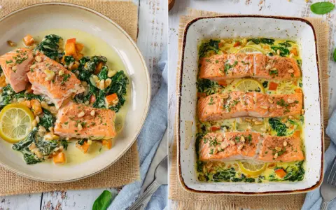 Zwei Ansichten eines cremigen Lachsgerichts mit Spinat und Kürbis. Perfekt für Lachs Rezepte.