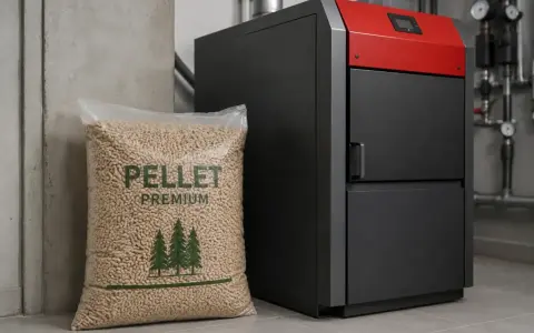Nowoczesny piec na pellet premium obok worka z paliwem. Idealny do ogrzewania domu przez cały rok.