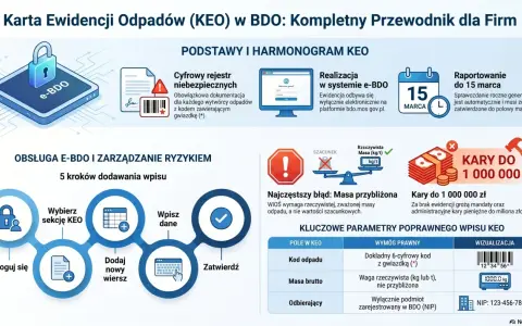 Karta Ewidencji Odpadów (KEO) w BDO. Podano przykładowy kod odpadu drewno, wymagany jest dokładny 6-cyfrowy kod z gwiazdką.