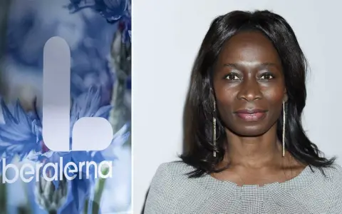 Bilden visar en kvinna med mörkt hår och långa örhängen, bredvid Liberalernas logotyp med blåklintar. Hon kan vara folkpartiet partiledare.