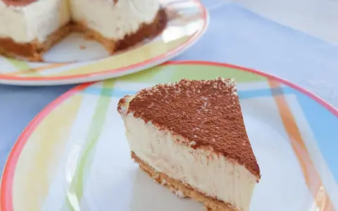 Deliciosa tarta de queso sin horno, cubierta de cacao, servida en un plato colorido.