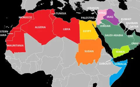 Karte zeigt Länder Nordafrikas und des Nahen Ostens, darunter Marokko, Algerien und andere arabische Staaten.