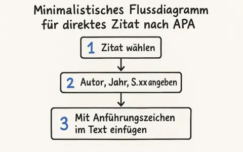 Minimalistisches Flussdiagramm für direktes Zitat nach APA: 1. Zitat wählen, 2. Autor, Jahr, S. xx angeben, 3. Mit Anführungszeichen im Text einfügen.