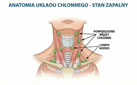 Anatomia układu chłonnego - stan zapalny. Widoczne powiększone węzły chłonne na szyi.