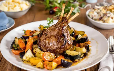 Un gigot d'agneau rôti, prêt pour un accompagnement gigot d'agneau pour Noël, servi avec des légumes de saison grillés.