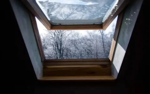 Ein geöffnetes Kellerfenster im Winter gibt den Blick frei auf kahle, schneebedeckte Bäume.