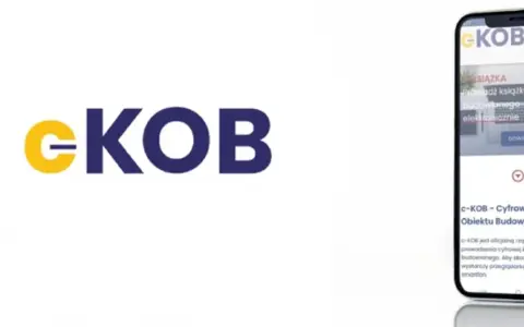 Logo e-KOB i smartfon prezentujący cyfrowa książka obiektu budowlanego.