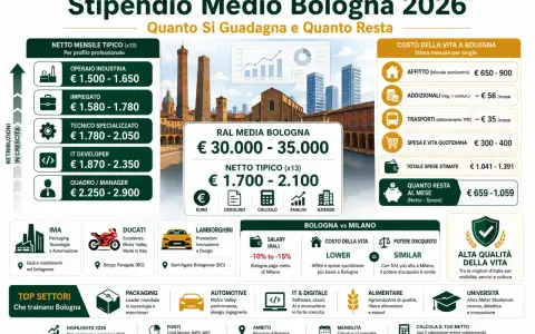 Stipendio medio a Bologna 2026: RAL 30-35k, netto 1.700-2.100€. Costo vita inferiore a Milano, ma potere d'acquisto simile.