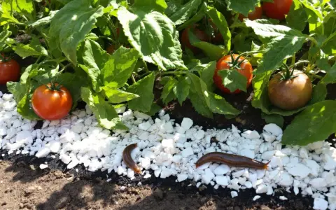 Des limaces rampent sur des cailloux blancs près de plants de tomates. Une astuce pour savoir comment éloigner les limaces : la gravier peut les dissuader.