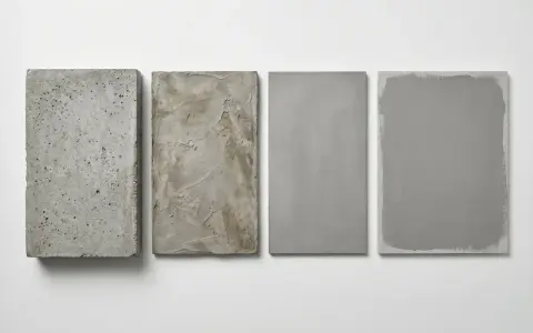 Cztery płyty prezentujące różne tekstury: surowy beton, tynk, gładki beton i beton pomalowany.