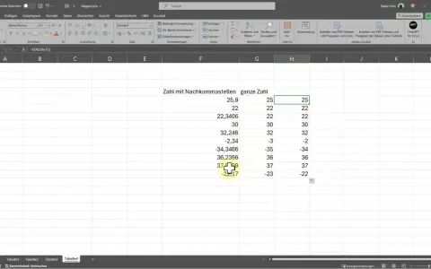 Excel zeigt Zahlen mit Nachkommastellen und die entsprechende ganze Zahl an. Die Funktion KÜRZEN rundet die Zahlen ab.