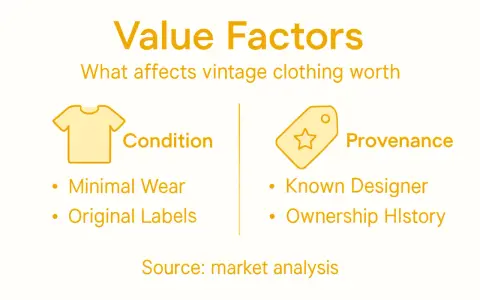 Value factors for vintage clothing: condition (minimal wear, original labels) and provenance (known designer, ownership history).