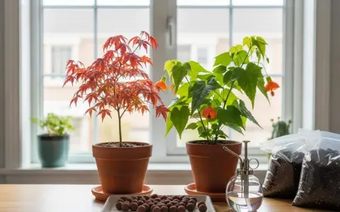 Un magnifique érable du Japon en pot, aux feuilles rouge orangé, côtoie une plante fleurie. Près d'eux, des sacs de terreau et un vaporisateur attendent pour le rempotage.
