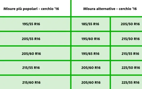 Tabella con misure pneumatici per cerchi da 16 pollici. La misura 195/55 R16 è tra le più popolari.